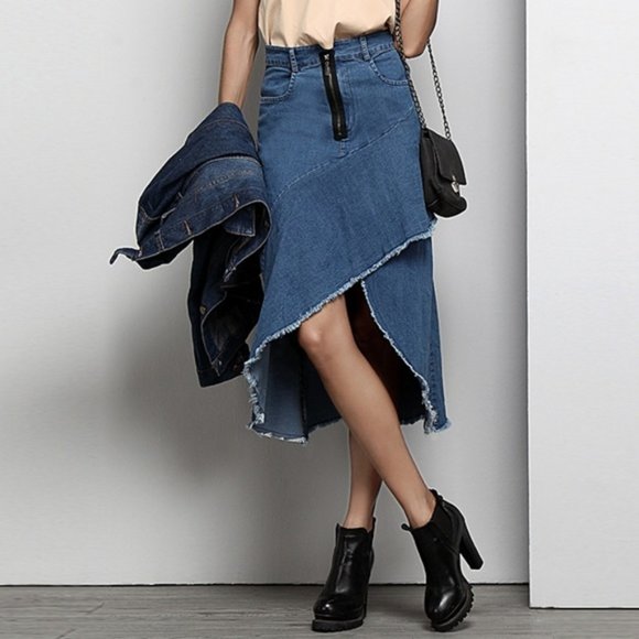 REBORN Indigo Asymmetrical Raw-Hem High-Waisted Skirt 3X - Picture 8 of 9